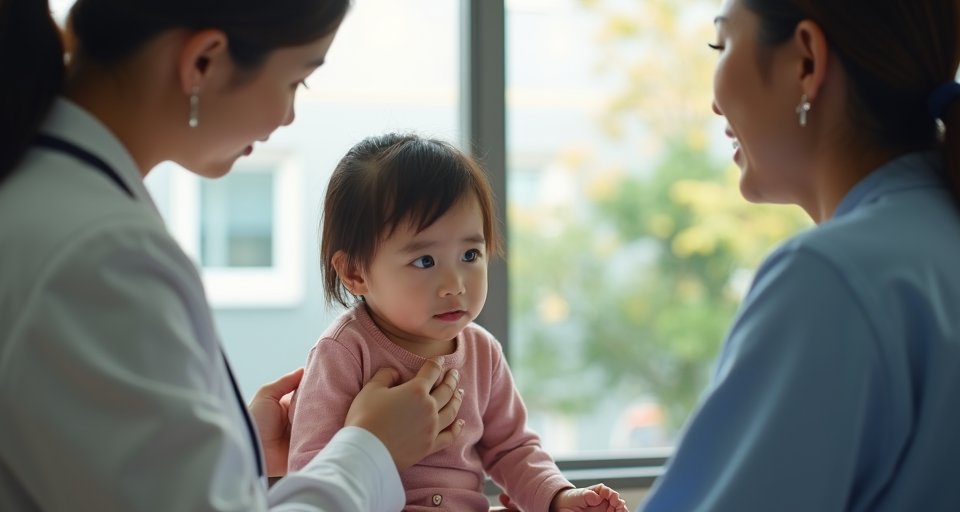 年輕父母在溫馨居家環境中陪伴學齡前幼兒互動。