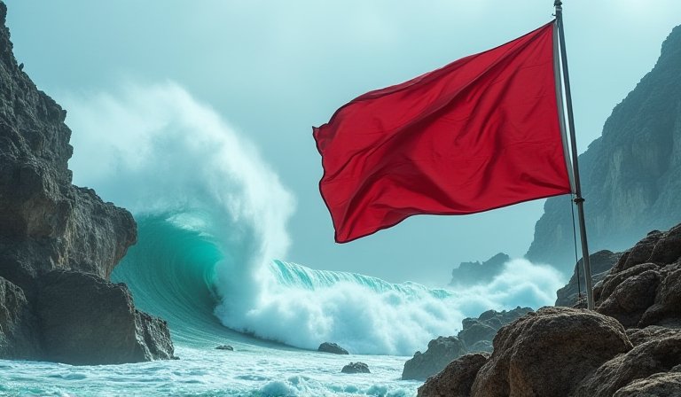 石澳泳灘懸掛紅旗，洶湧巨浪拍打岸邊，警示禁止游泳。