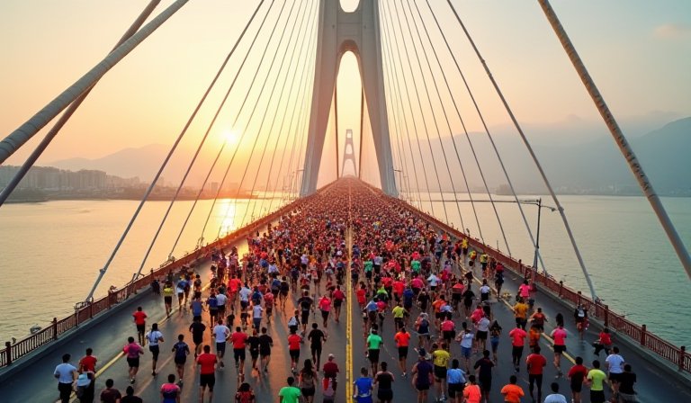跑者跨越淡江大橋，背景為壯闊的斜張橋鋼索與主塔。