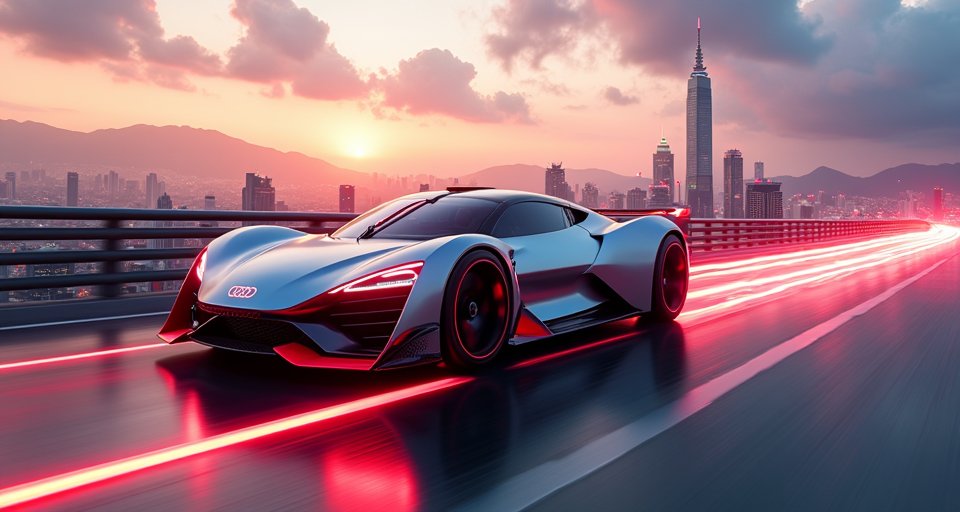 塗裝 Audi 四環標誌的 F1 賽車於賽道極速奔馳。