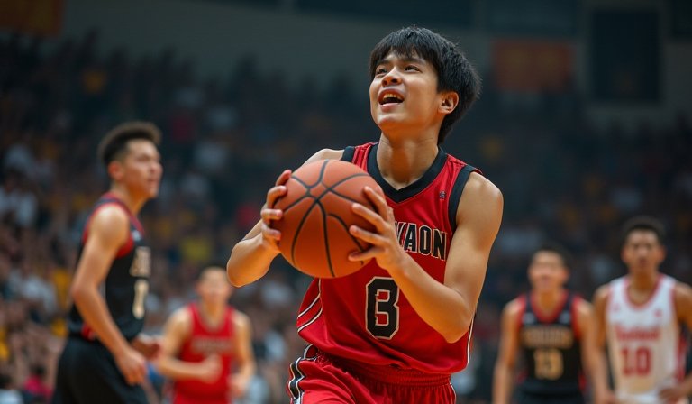 Mamba 顏睿廷在籃下躍起，與台北黑豹爭奪籃板球。