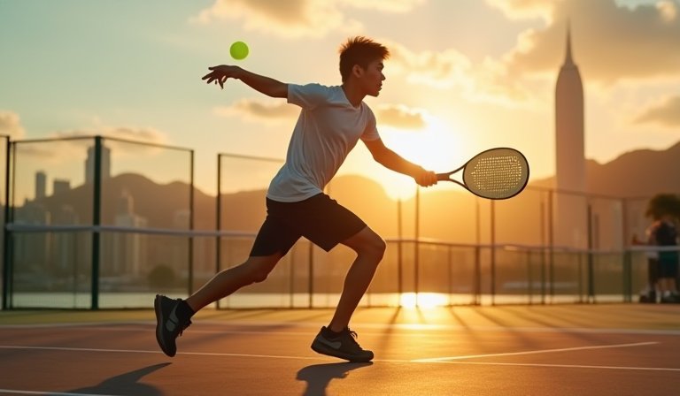 香港板網球選手在玻璃圍欄場地內揮拍，展現精彩擊球動作。