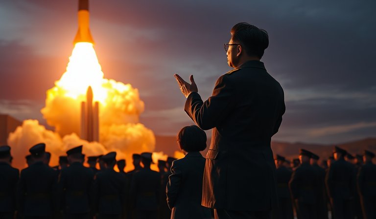 金正恩與女兒金朱愛於海邊基地觀摩巡航飛彈試射。