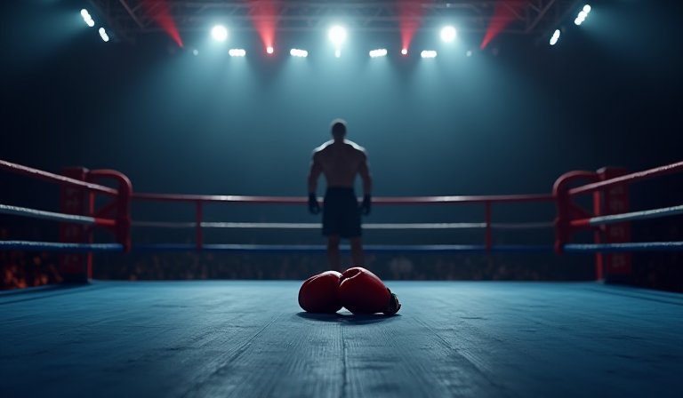 奧高里爾神情凝重地站在拳擊場內，背後是空蕩的擂台。