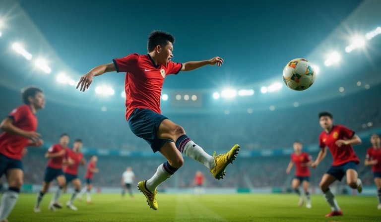 路竹高中 20 號球員李承佑在足球場上展現奮力拼搏精神。