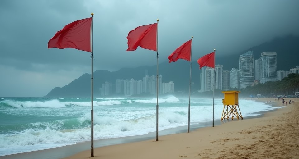 岸邊高掛紅色警示旗幟，海面上翻騰著劇烈的白色巨浪。