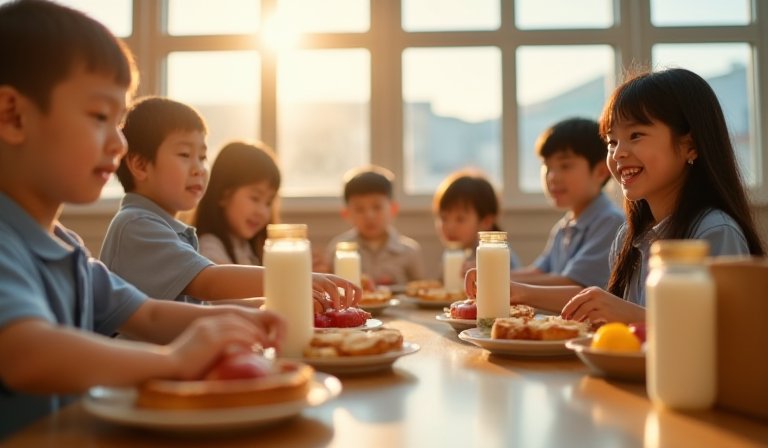 國小學童正享用包含雞蛋三明治、牛奶與水果的營養早餐。