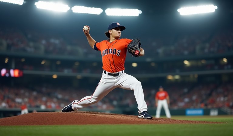 鄧愷威穿著太空人球衣在大聯盟登板，在投手丘專注投球。