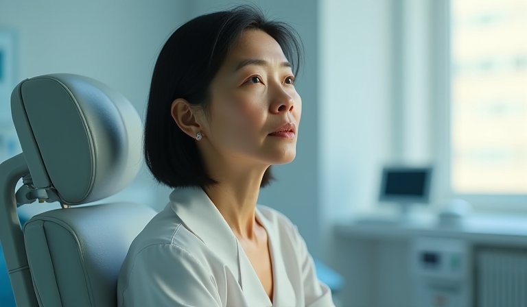 專業醫師在診間向病患解說胰臟斷層掃描的影像報告