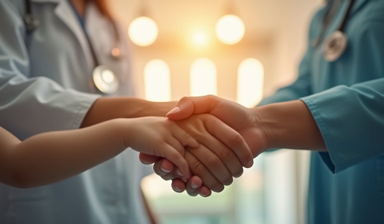 醫護人員於醫學中心現代化診間，為婦女與兒童進行診療。