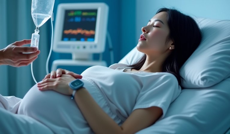 母親溫柔環抱剛出生的健康女嬰，展現母女平安的喜悅。