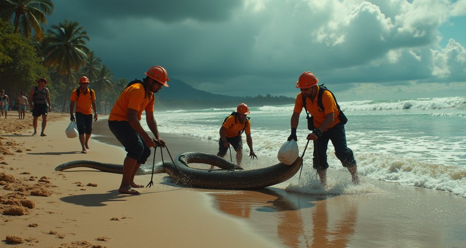 泰國芭達雅海灘驚現兩公尺巨蟒 遊客嚇壞警消緊急捕捉放生
