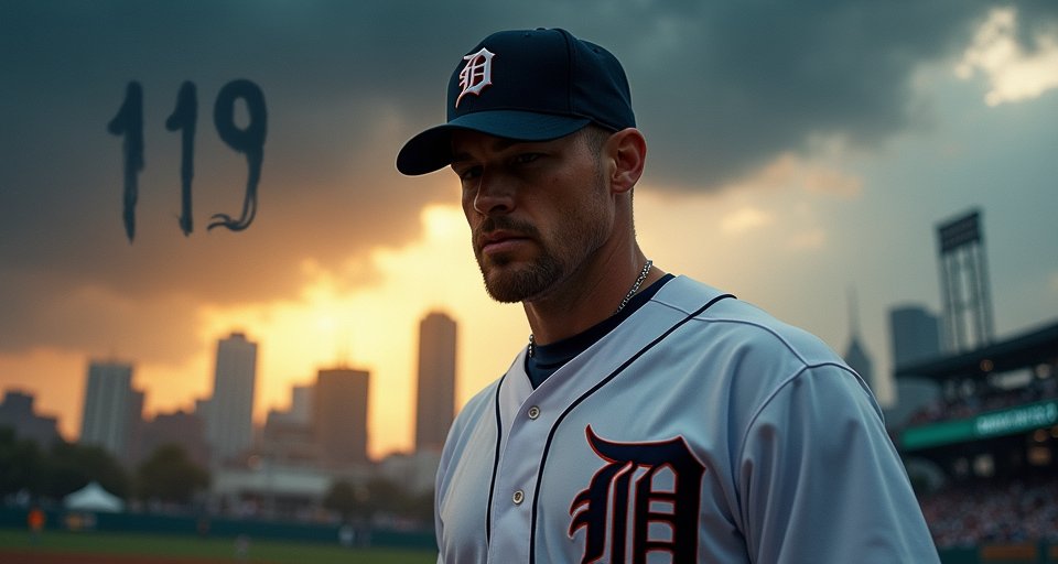 身穿底特律老虎隊球衣的球員，在賽場上專注守備。