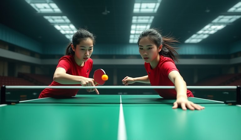 文化大學桌球女雙選手於賽場專注擊球，展現流暢攻防。