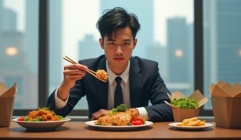 上班族在超商選購雞胸肉、生菜沙拉與地瓜健康餐點。