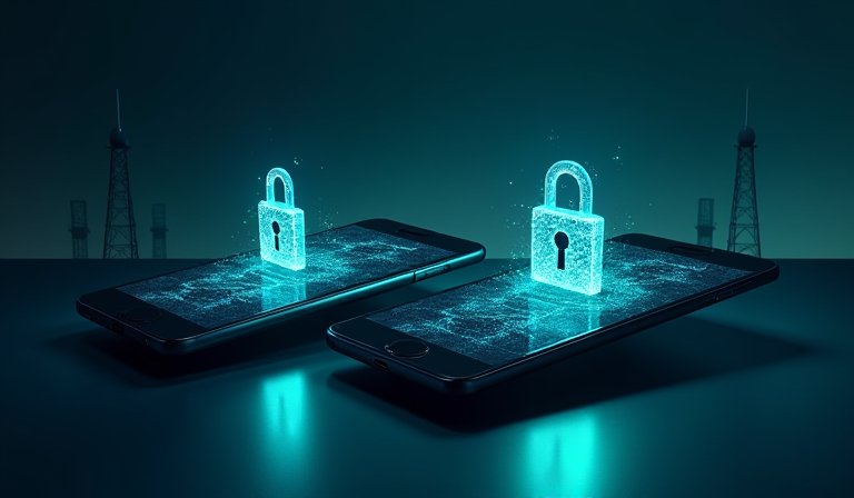 智慧型手機對話介面顯示 RCS 訊息與加密上鎖圖示。