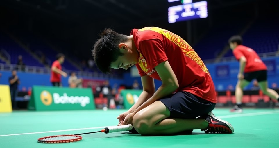 羽球選手在場上奮力揮拍扣殺，展現激烈的男單對決。