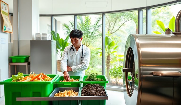 高雄小港醫院展示廚餘機產出的有機肥，用於美化院區。