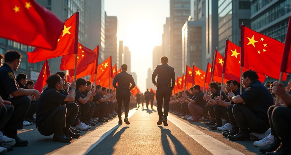 民眾於東京馬拉松賽道揮舞五星旗，坐地阻礙跑者前進