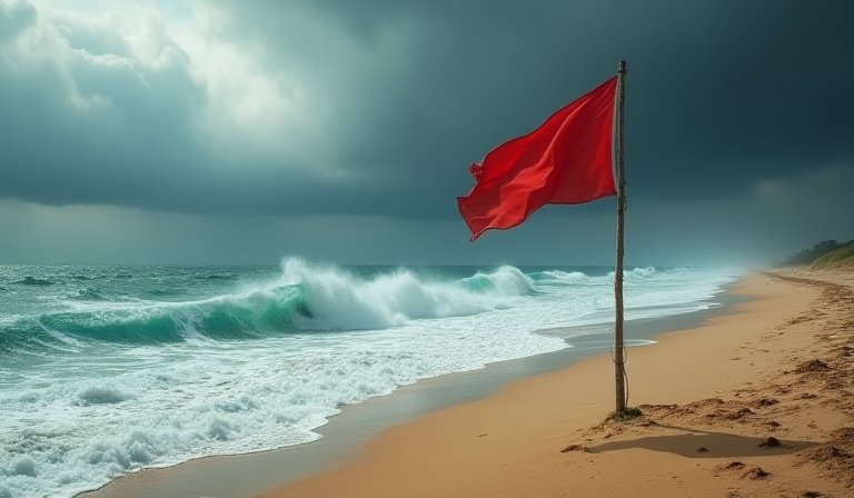岸邊懸掛紅旗警示，洶湧巨浪拍打著暫停開放的空曠沙灘。