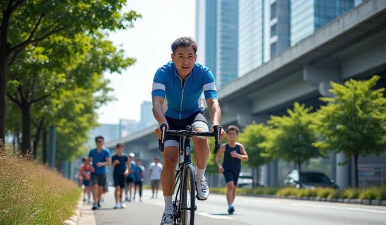 黃國昌身穿背心騎乘自行車巡迴新北淡水河岸。