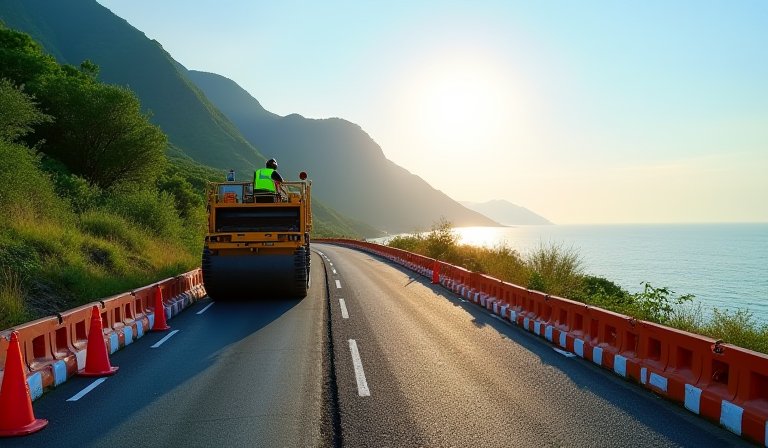 台9線大興至大富路段自行車道正進行瀝青鋪面施工。
