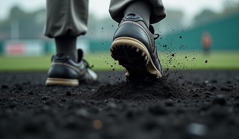 亞運棒球場深色黑土內野，球員在強勁逆風下備戰。