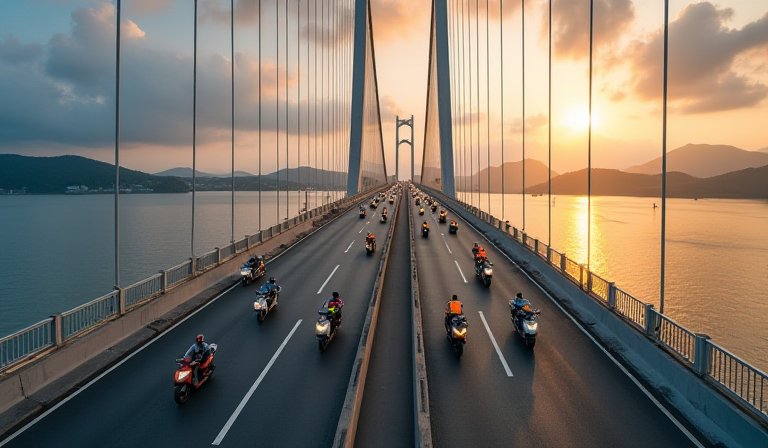 淡江大橋兩點五公尺寬機車道，兩側設有實體分隔。