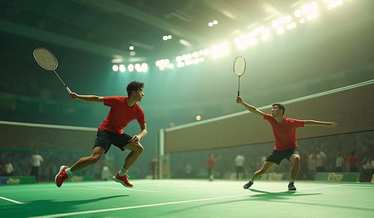 李洋與王齊麟在羽球場上展現絕佳默契，合力揮拍回擊。