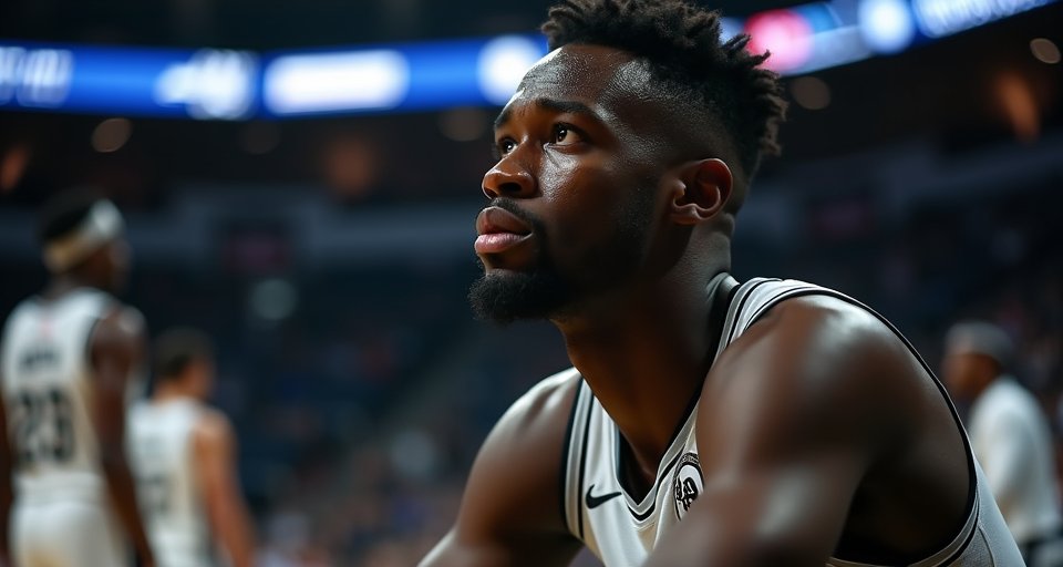 溫班亞瑪於高位持球觀察隊友跑位，面臨尼克隊嚴密防守。