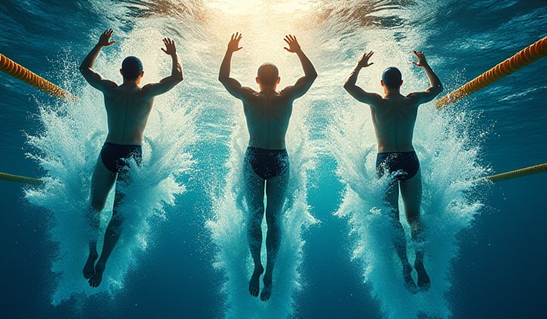 女子游泳選手於泳池賽道中展現蝶式划水破浪姿態