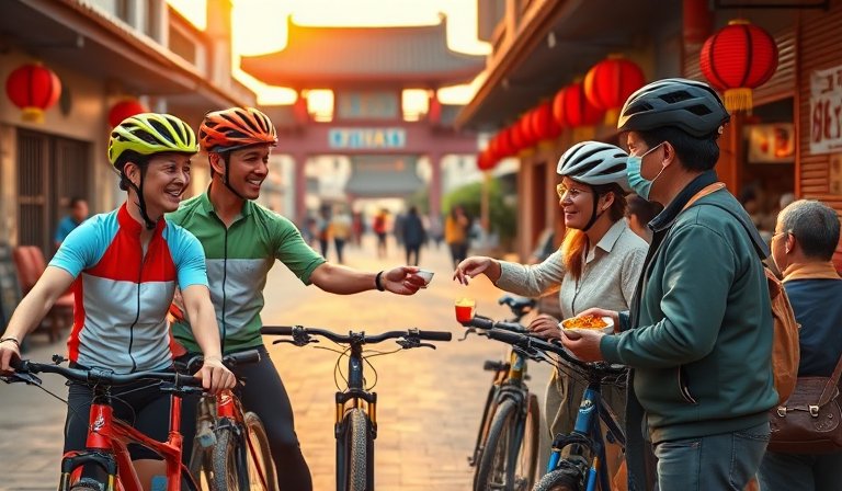 多位日本騎士成群騎乘單車，穿梭於台南歷史景點。