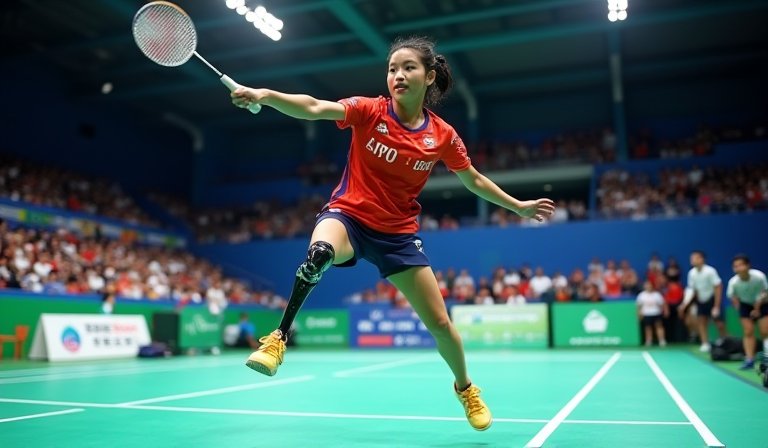 身障羽球好手吳於嫣在新北高中賽場揮拍，展現專注神情。