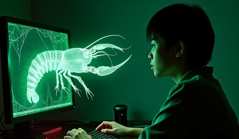 數位龍蝦在電腦螢幕前自動操作視窗與處理電子郵件。