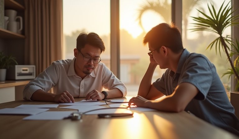 民眾在桌前焦慮地核對 1095A 報稅表格與醫療帳單。