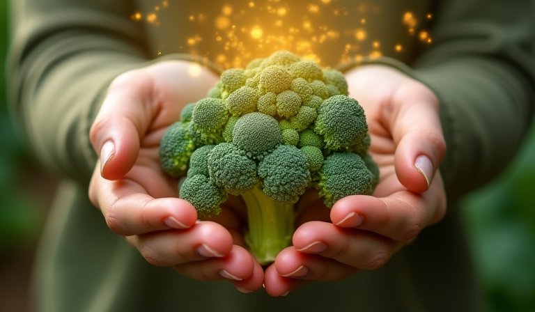 翠綠花椰菜與擁有健康光澤肌膚的女性臉部近照