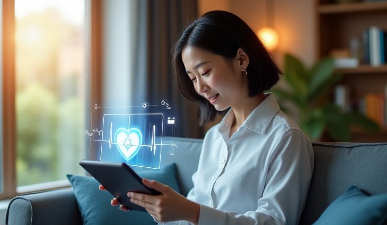 民眾使用手機查看健康存摺，掌握個人三高數據。