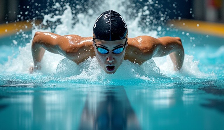 唐錢婷於女子五十公尺蛙泳決賽中奮力划水。