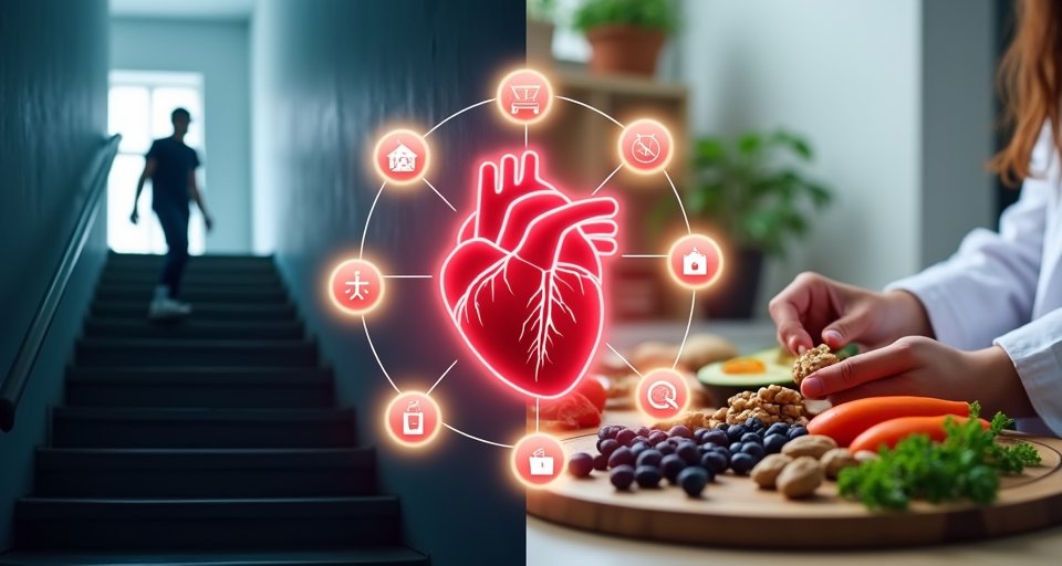 中年男性爬樓梯時氣喘吁吁，手扶著欄桿呈現疲累神態。