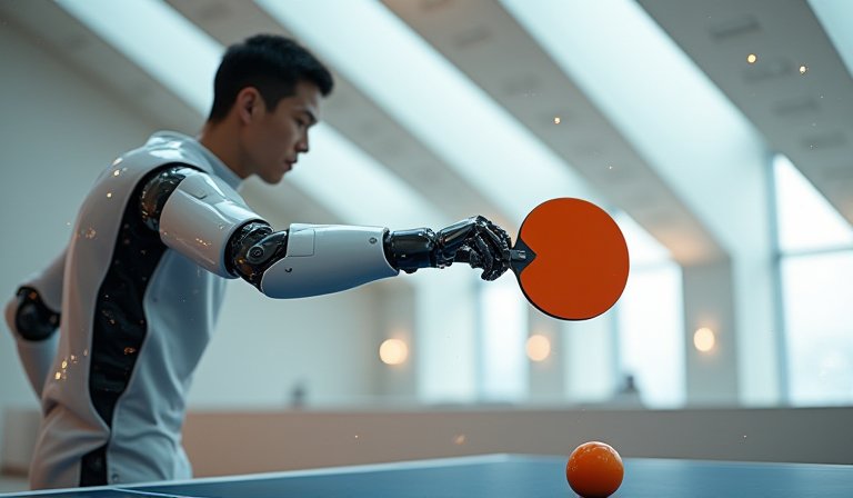 AI機器人Ace在桌球賽場上揮拍，精準回擊高速桌球。