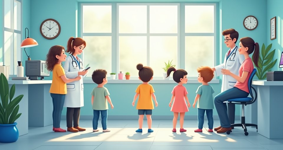 醫師細心為年幼兒童看診，呈現政府補助幼兒健保場景。