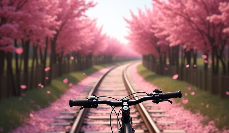 民眾騎單車行經彰化二水鐵道旁盛開的粉紅花旗木步道。