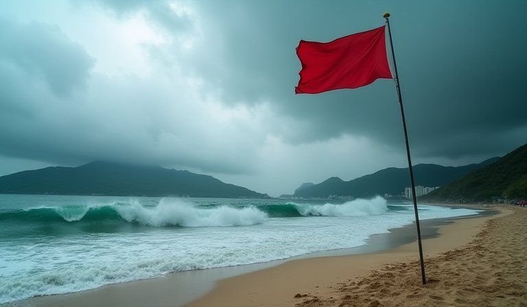 岸邊沙灘高掛警示紅旗，強勁的海浪不斷翻騰湧向岸邊。
