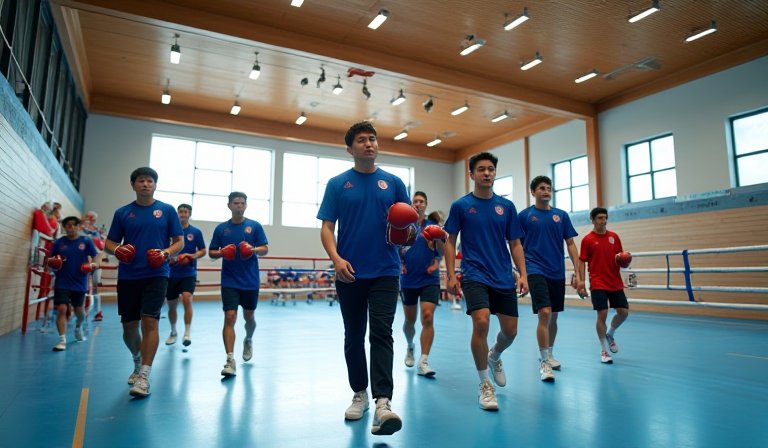 台灣拳擊隊教練在名古屋場館實地考察擂臺與動線配置。