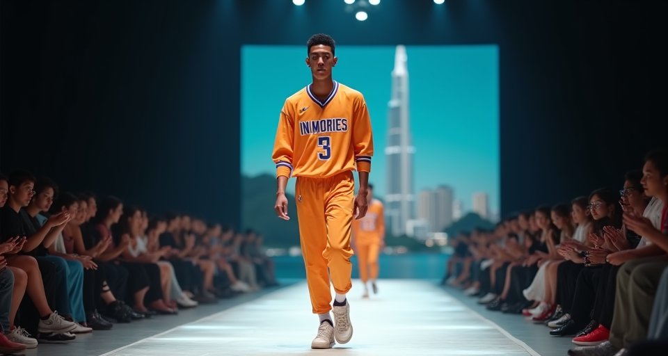 模特兒展示融合籃球線條與運動圖騰的跨界設計時裝。