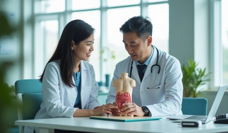 醫師在診間向民眾說明血便與大腸癌症狀的差異
