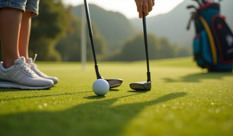 教練在校園草地指導學生練習高爾夫球揮桿與技巧