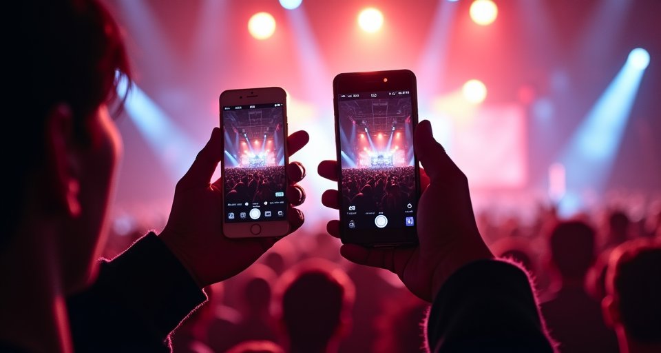 演唱會歌迷同時使用兩款手機，對準燈光璀璨的舞台拍攝。