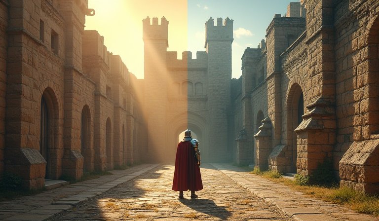 中世紀君士坦丁堡城牆的高精度建模，展現細緻石材紋理與光影。