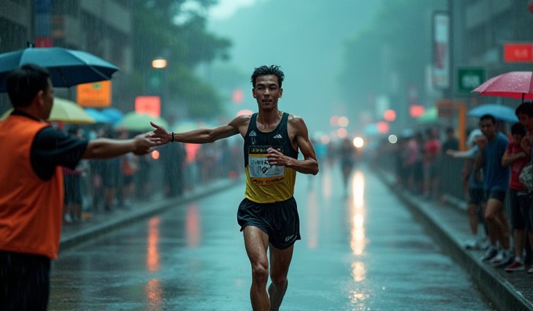 馬拉松終點前，裁判在雨中伸手阻攔即將衝線的領先跑者